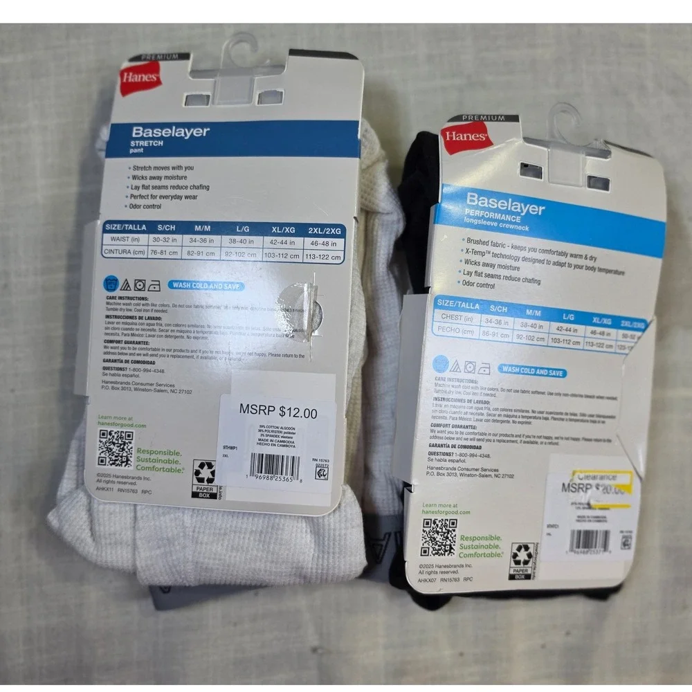 Hanes Premium Baselayer Mens 2XL Set Black Long Sleeve Top White Stretch Pants